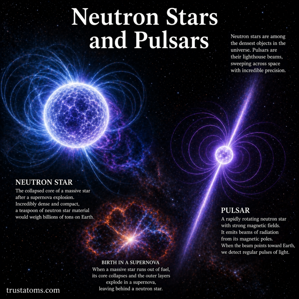 Illustration of a neutron star and a pulsar showing magnetic fields and radiation beams emitted from a rapidly rotating dense star in space.