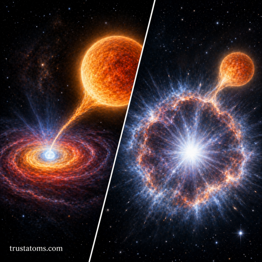 Split illustration showing a binary star system with a white dwarf accreting material from a companion star on one side and a nova explosion on the other.