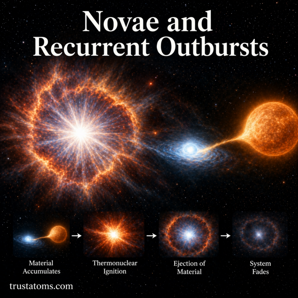 Illustration of a nova explosion in a binary star system showing a white dwarf pulling material from a companion star and ejecting it outward.