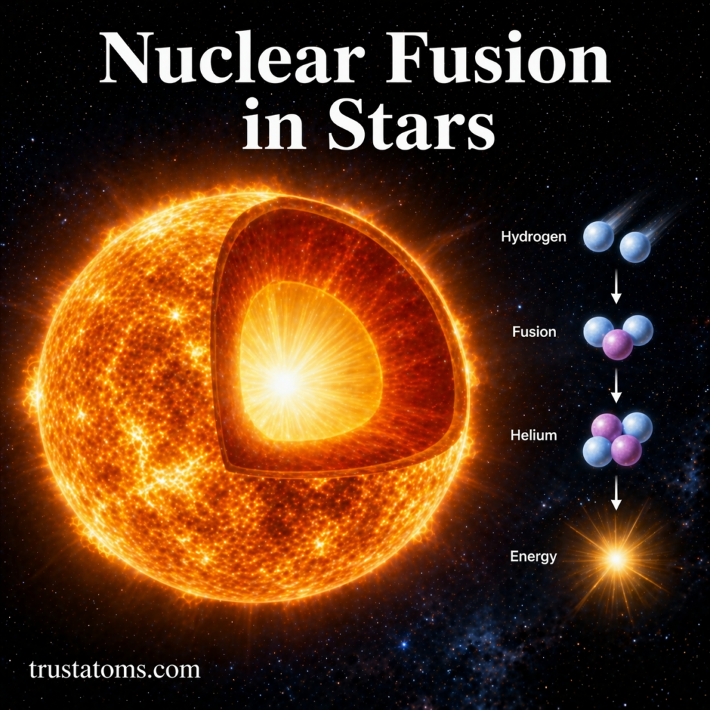 Illustration of a star’s core showing nuclear fusion where hydrogen fuses into helium and releases energy.