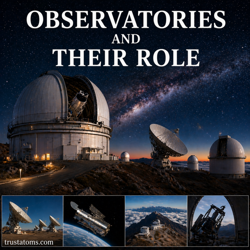 Illustration of ground and space observatories with telescopes observing the night sky and Milky Way.