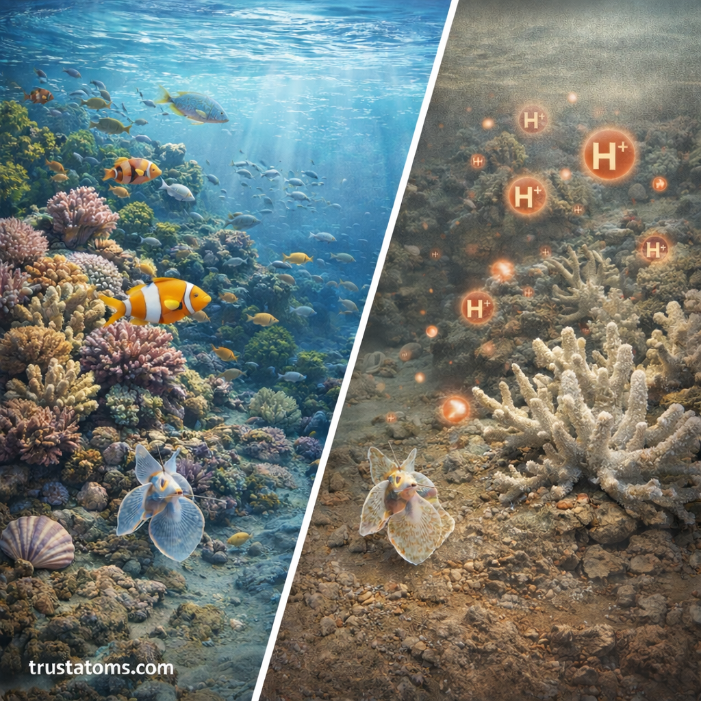 Split illustration comparing a healthy coral reef ecosystem with a bleached and damaged reef affected by ocean acidification.