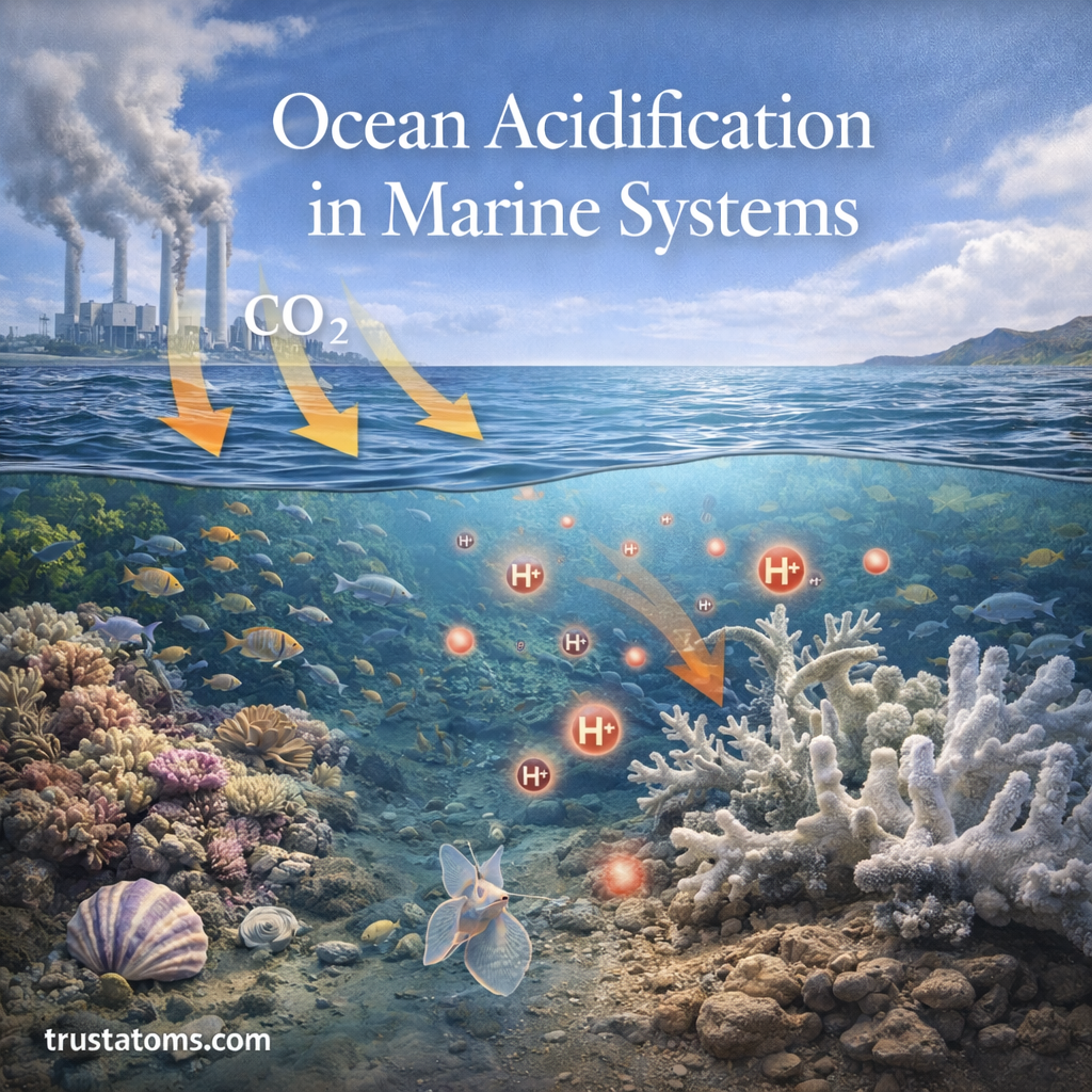 Illustration of ocean acidification showing CO2 entering the ocean, increased acidity, and impacts on coral reefs and marine life.