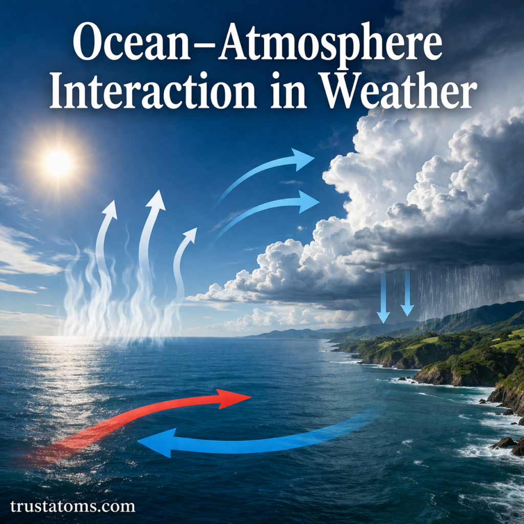 Ocean–atmosphere interaction in weather illustration showing evaporation, cloud formation, wind movement, and rainfall over the ocean.
