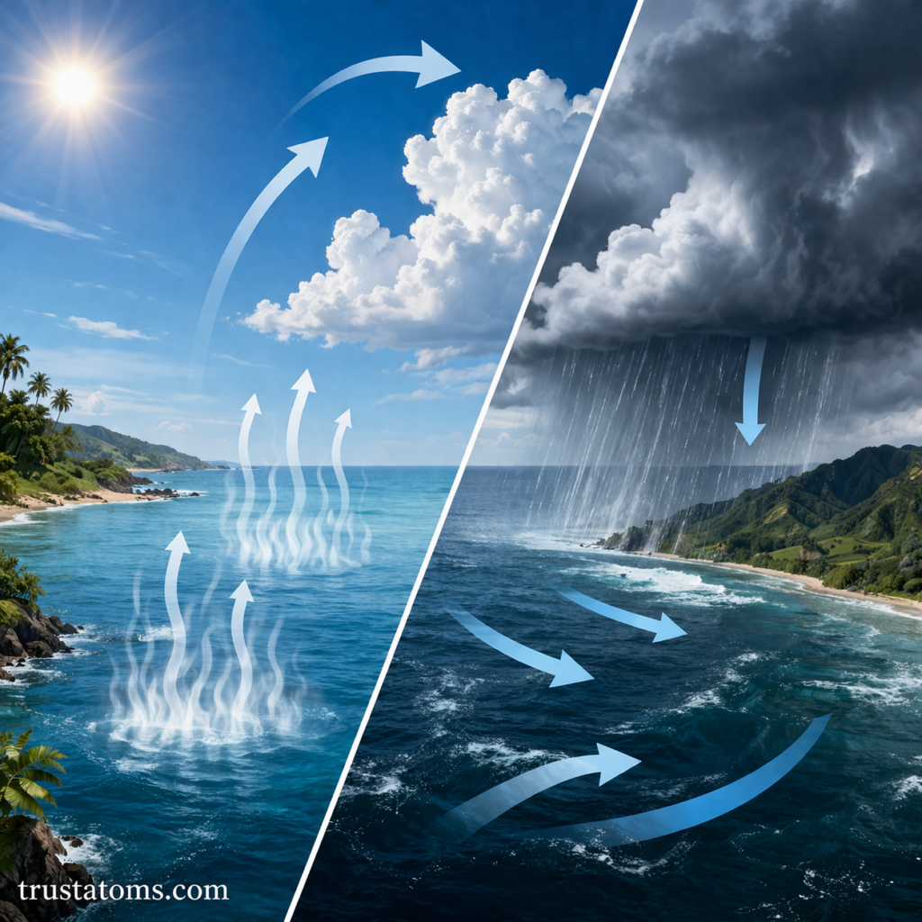 Split diagram of ocean–atmosphere interaction showing evaporation under sunny conditions and storm-driven rainfall with ocean currents.
