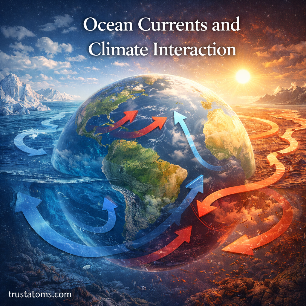 Illustration of Earth showing ocean currents with warm and cold water movement influencing global climate patterns.