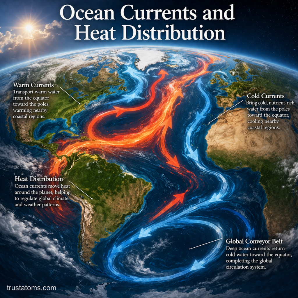 Illustrated map showing ocean currents and heat distribution with warm and cold currents circulating across the globe.