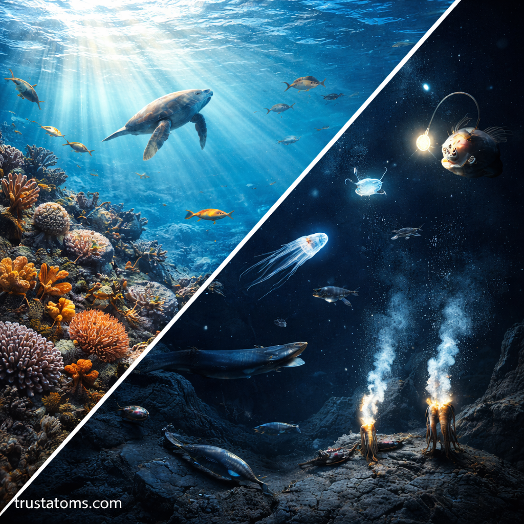 Split illustration showing sunlit coral reef with marine life and deep ocean zone with bioluminescent creatures and hydrothermal vents.