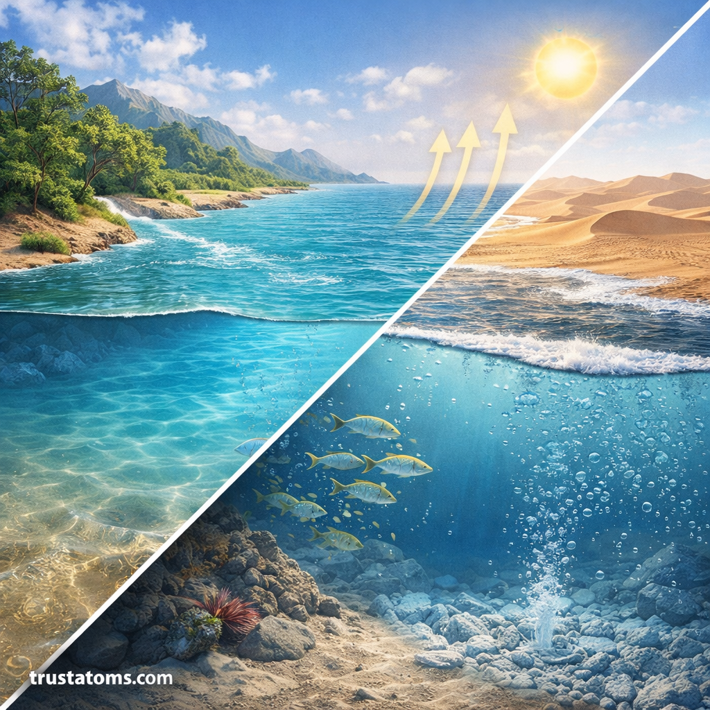 Split illustration showing factors affecting ocean salinity with river freshwater input on one side and evaporation in a dry coastal region on the other.