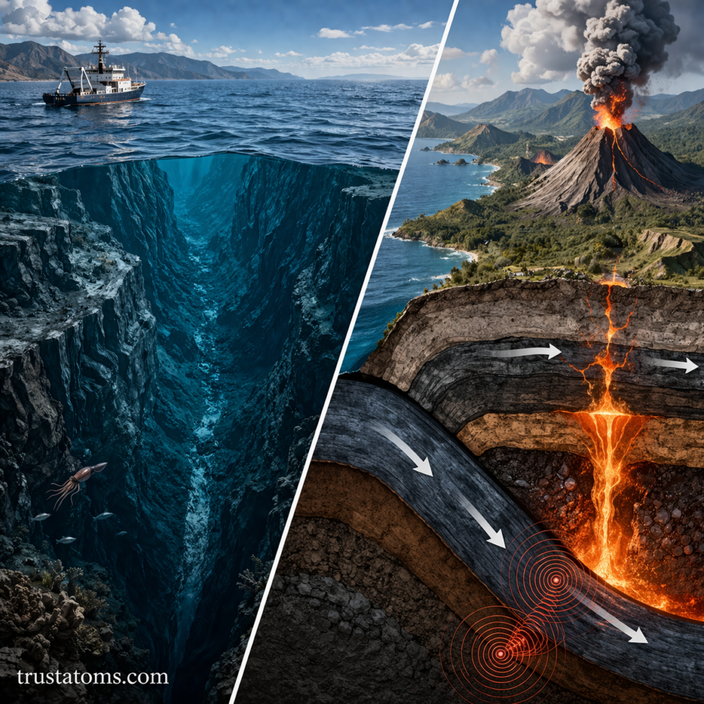 Split illustration showing a deep ocean trench on one side and a subduction zone with volcanic activity on the other.