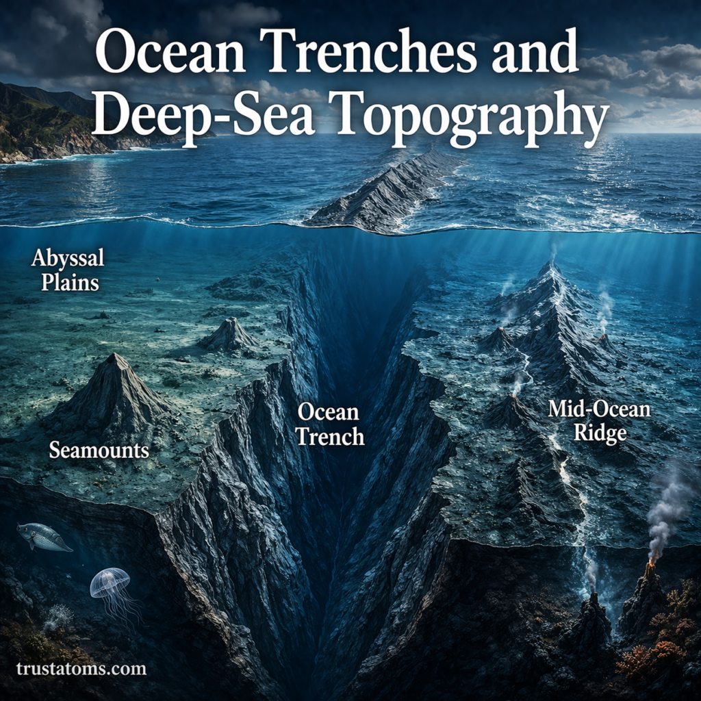 Illustration of ocean trenches and deep-sea topography showing abyssal plains, seamounts, and mid-ocean ridges beneath the ocean surface.