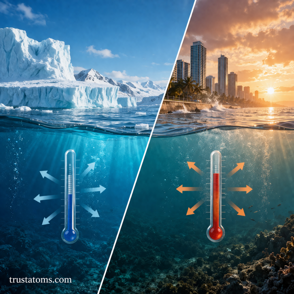 Split illustration showing cold ocean water contracting on one side and warm ocean water expanding on the other.