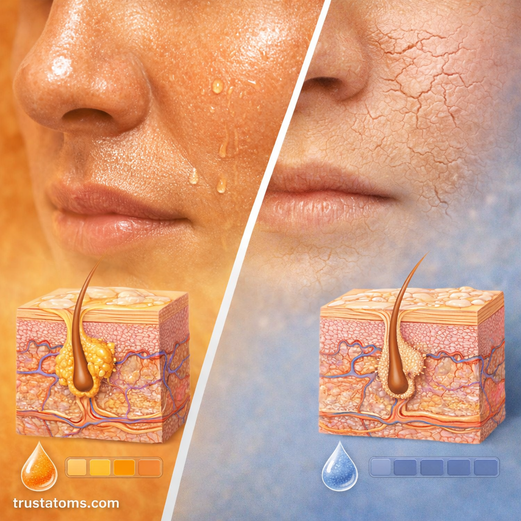 Split image showing oily skin with excess sebum and dry skin with low oil production, including sebaceous gland activity beneath the surface.