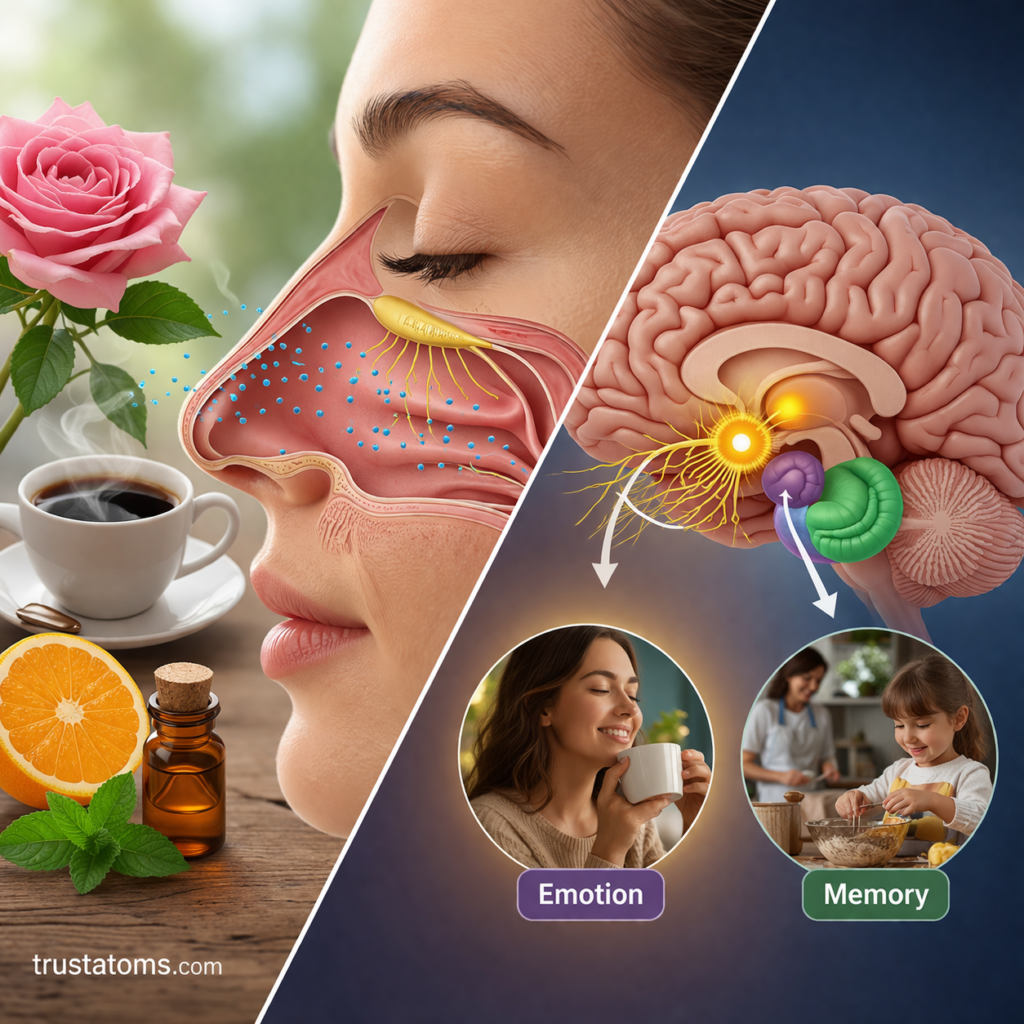 Split illustration showing scent particles entering the nose and neural signals connecting to brain regions responsible for memory and emotion.