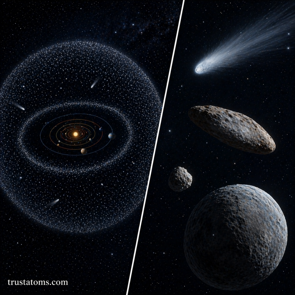 Split illustration showing the spherical structure of the Oort Cloud surrounding the solar system and distant icy bodies producing long-period comets.