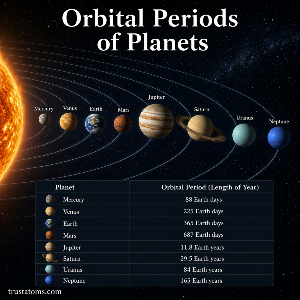 Diagram showing the Sun and planets with their orbital paths and the length of a year for each planet.