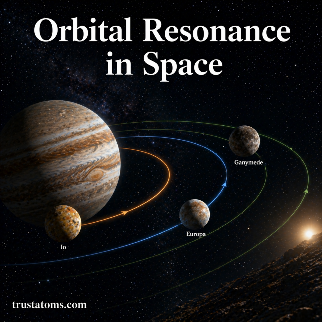 Illustration of orbital resonance showing Jupiter and its moons Io, Europa, and Ganymede in synchronized orbits.