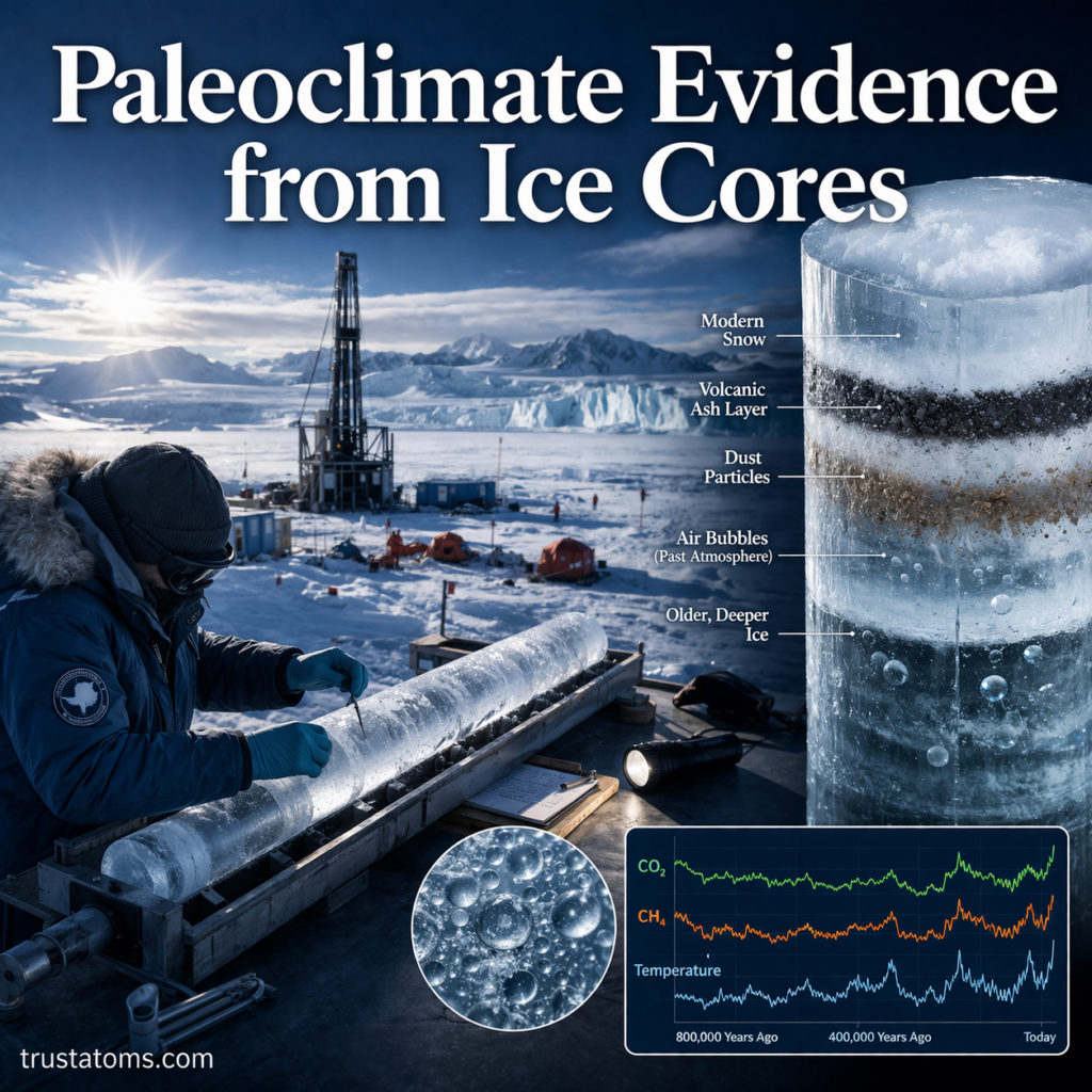 Illustration of a scientist analyzing ice cores with visible layered structure and trapped air bubbles showing past climate data.