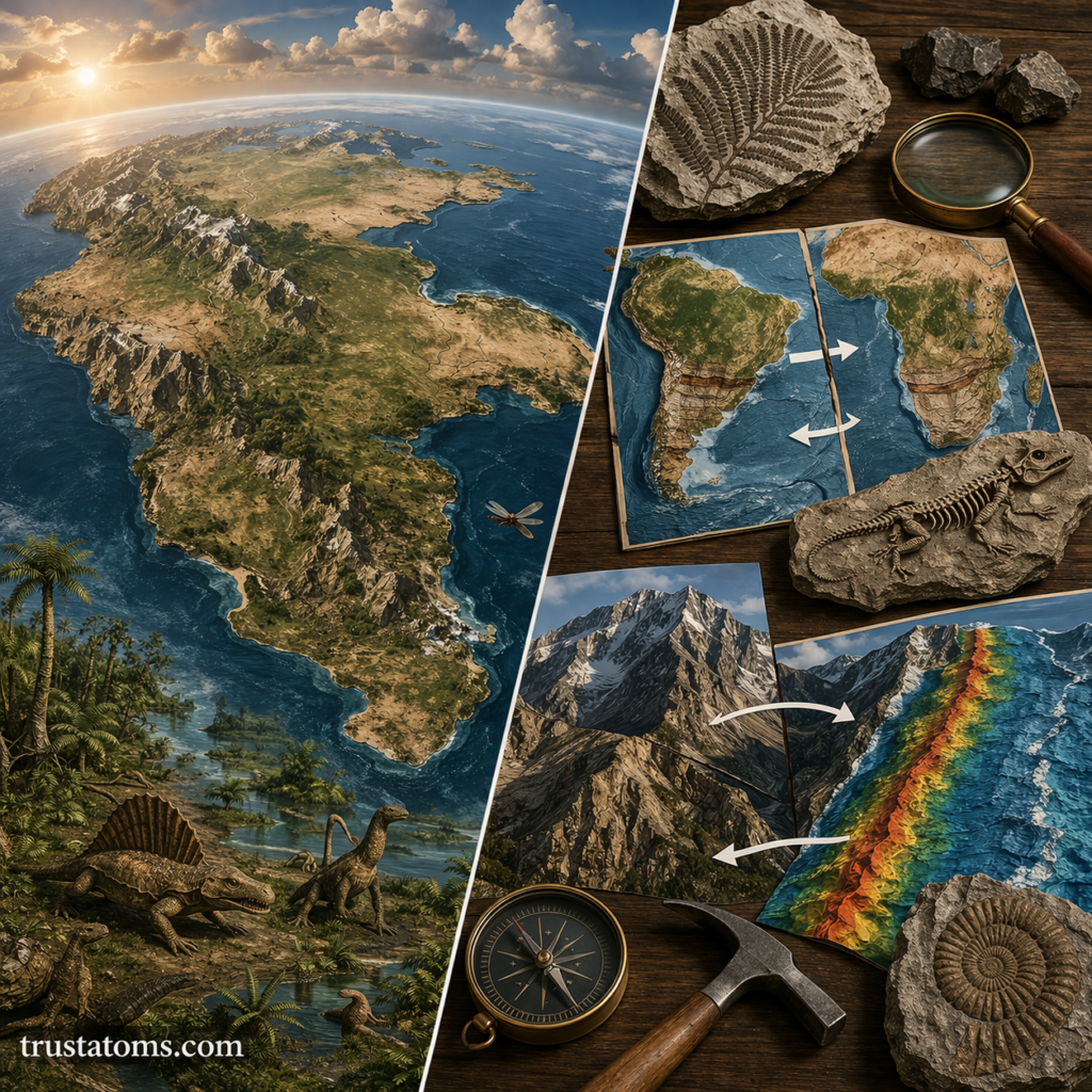 Split illustration showing Pangaea environment with prehistoric life and geological evidence including fossils, continental fit, and seafloor patterns.