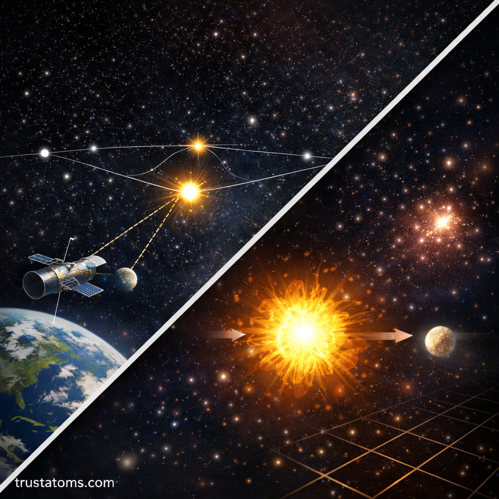 Split illustration comparing parallax method for nearby stars and Cepheid variable stars used to measure greater cosmic distances.