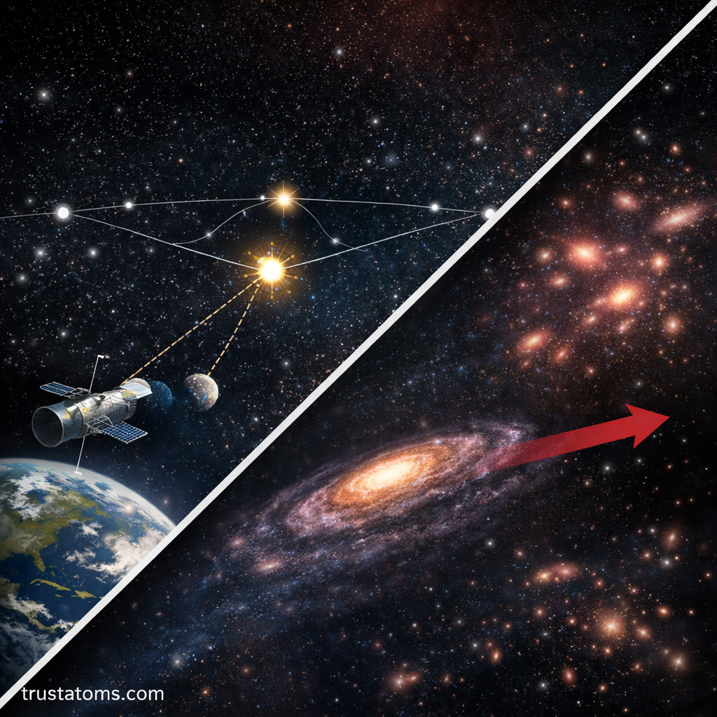 Split illustration showing parallax method for nearby stars and redshift for distant galaxies to measure distance in space.