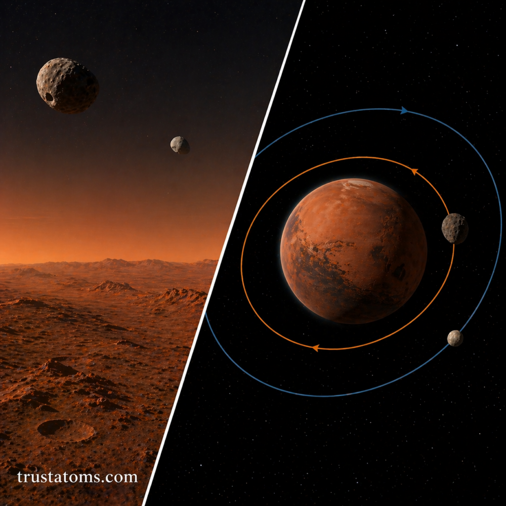 Split illustration showing Phobos and Deimos in the Martian sky and their orbital paths around Mars.