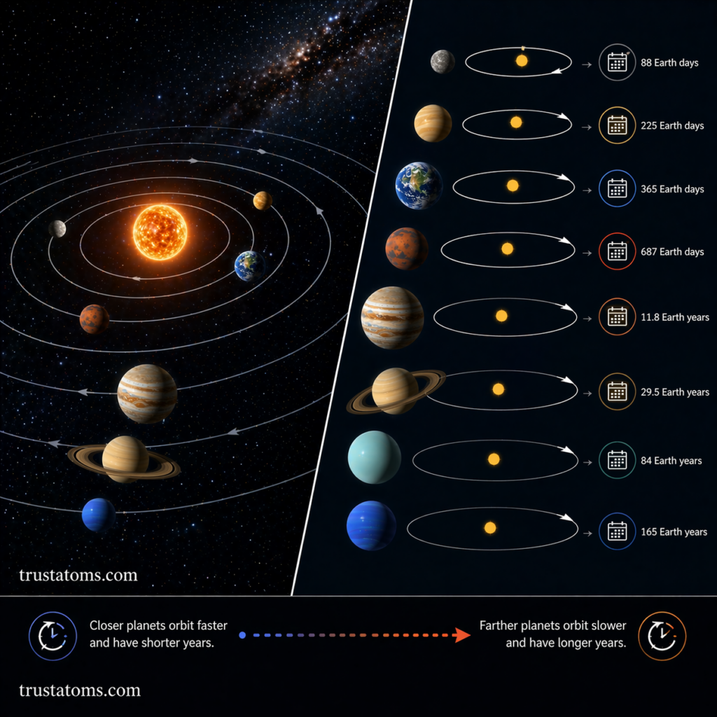 Split diagram comparing inner and outer planet orbits with different orbital periods around the Sun.