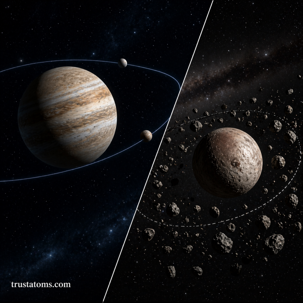 Split illustration comparing a planet clearing its orbit with a dwarf planet surrounded by debris and asteroids in space.
