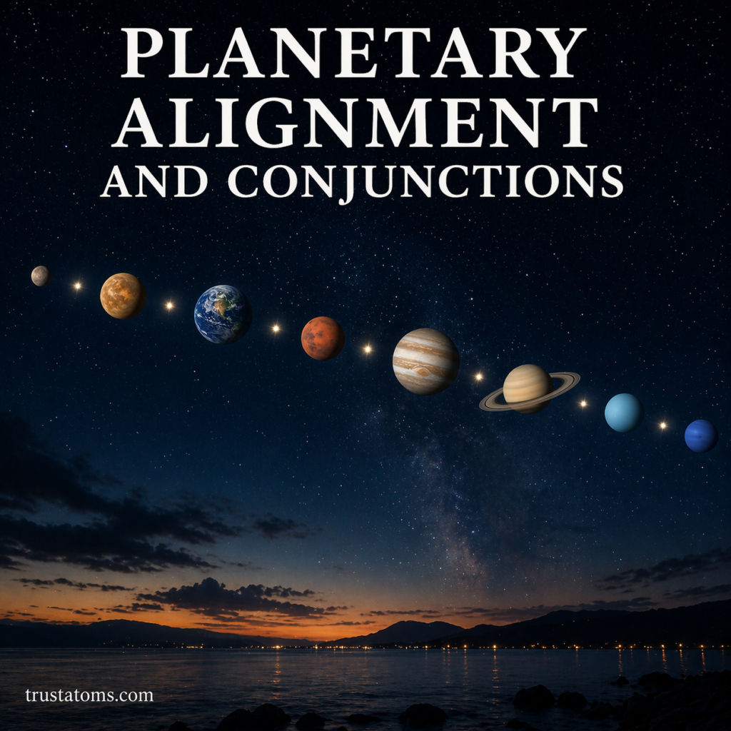 Night sky illustration showing multiple planets aligned in a row demonstrating planetary alignment and conjunctions.