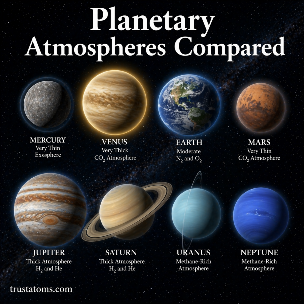 Illustration comparing planetary atmospheres of Mercury, Venus, Earth, Mars, Jupiter, Saturn, Uranus, and Neptune in the solar system.