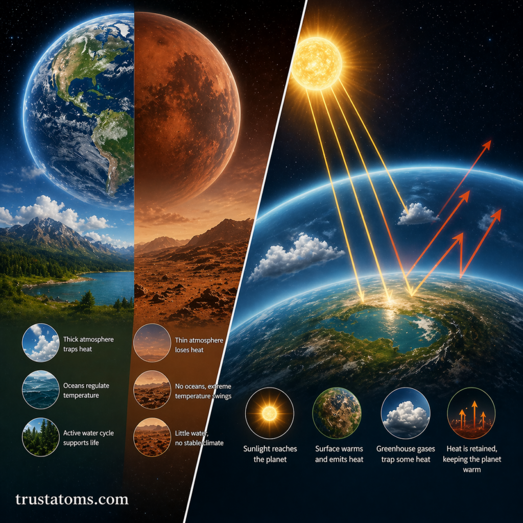 Split diagram comparing Earth and Mars climates alongside a simple greenhouse effect illustration showing heat retention on a planet.