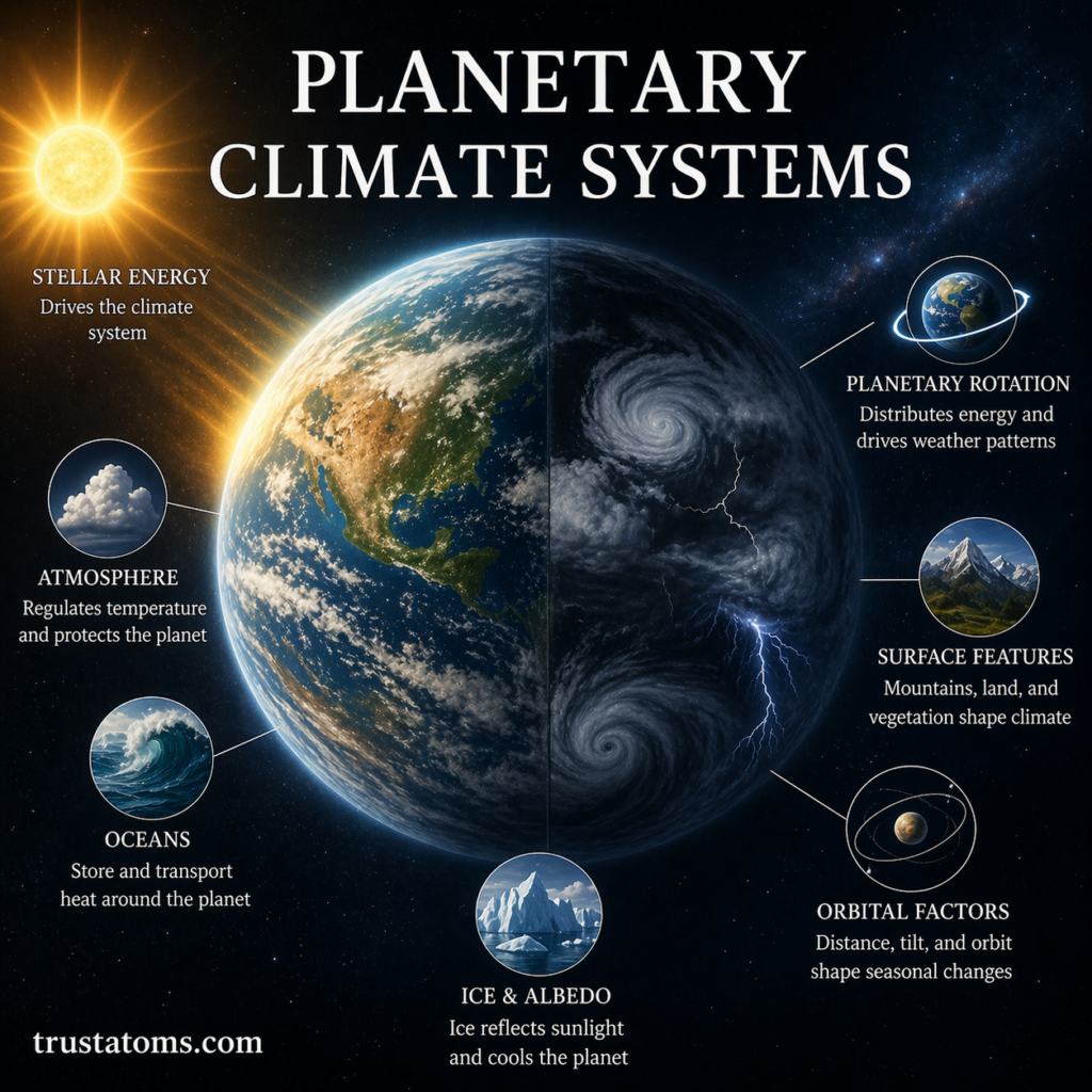 Planetary climate systems diagram showing Earth with atmospheric, ocean, and energy factors influencing global climate.