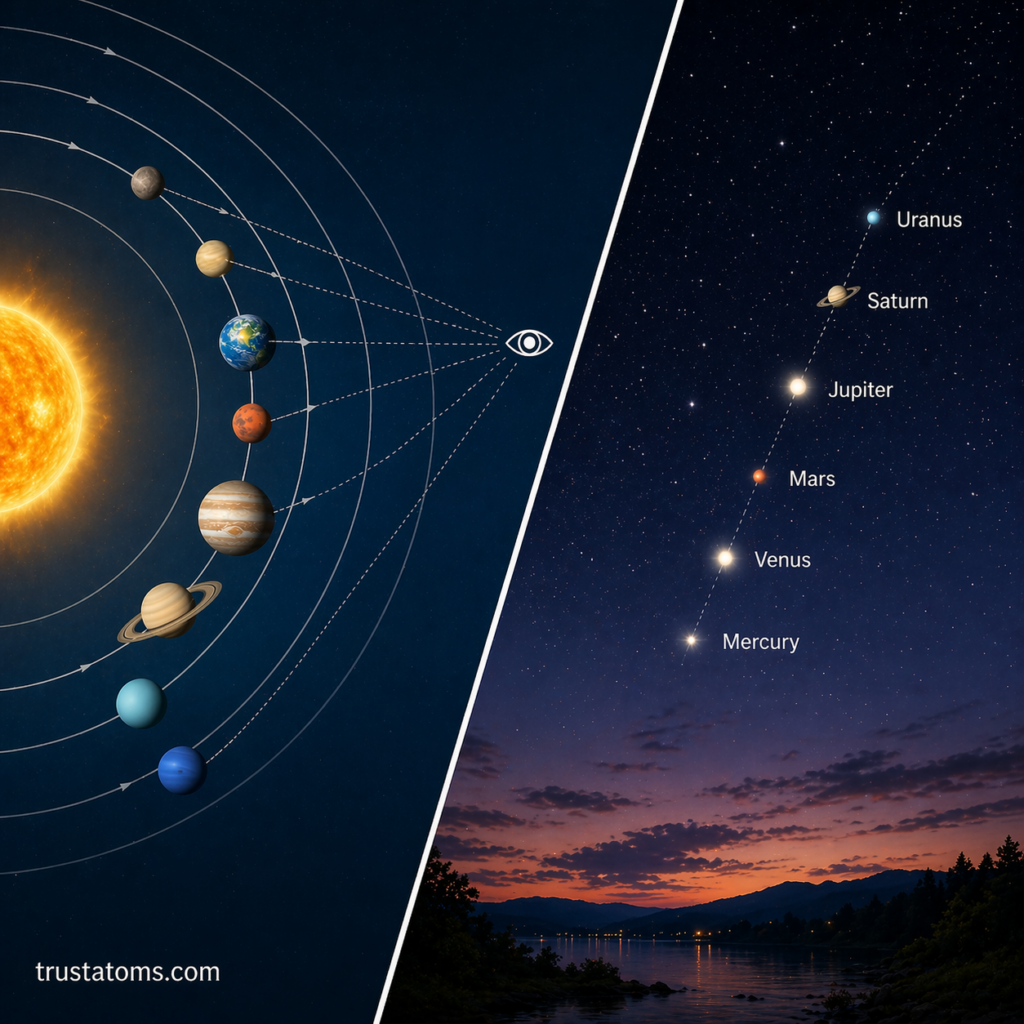 Split diagram showing solar system orbits on one side and how planets appear aligned from Earth’s perspective on the other.