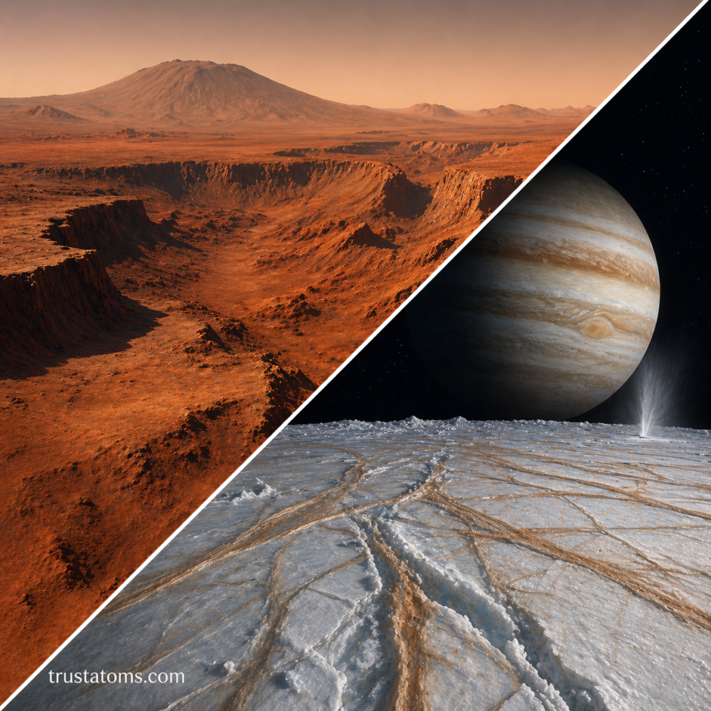 Split illustration comparing Mars canyon terrain and icy moon surface with fractures and geysers.