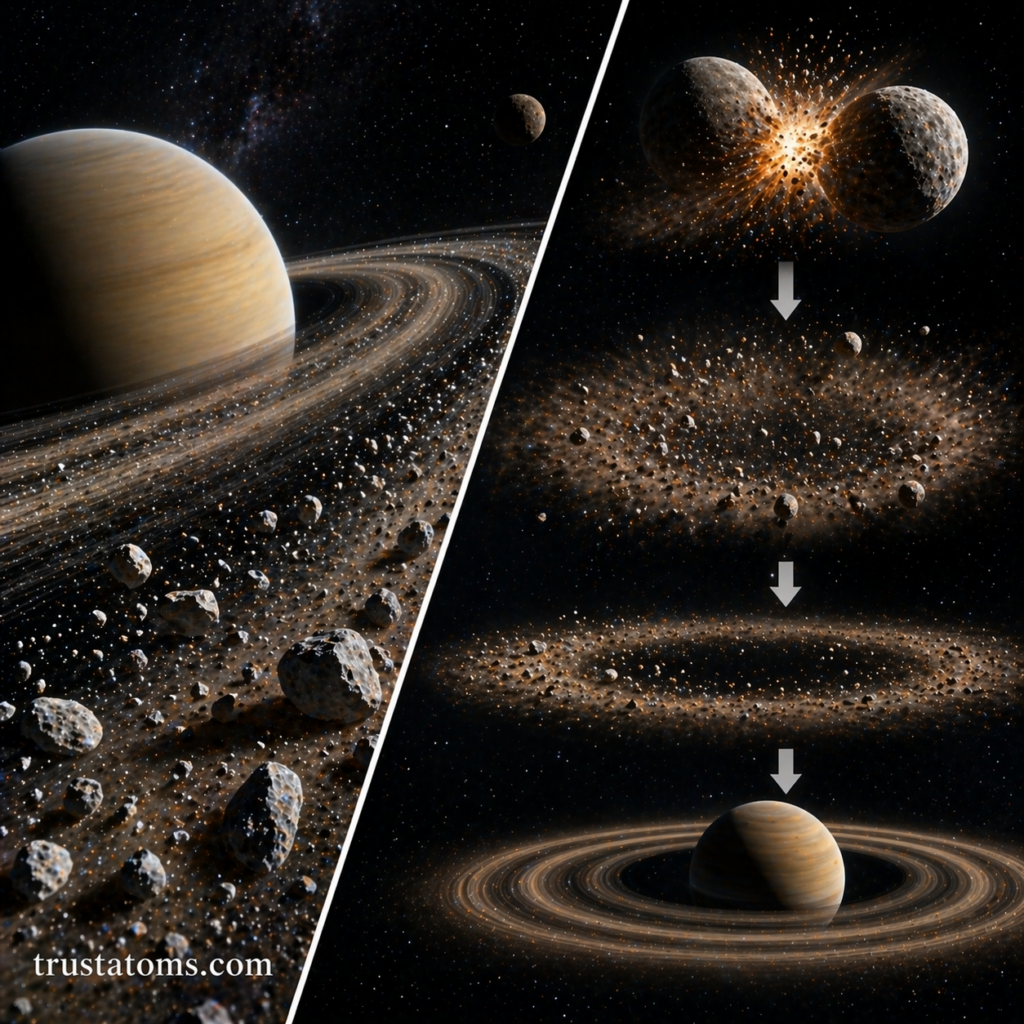 Split illustration showing a ringed planet and the step-by-step formation of rings from a collision and debris spreading into orbit.