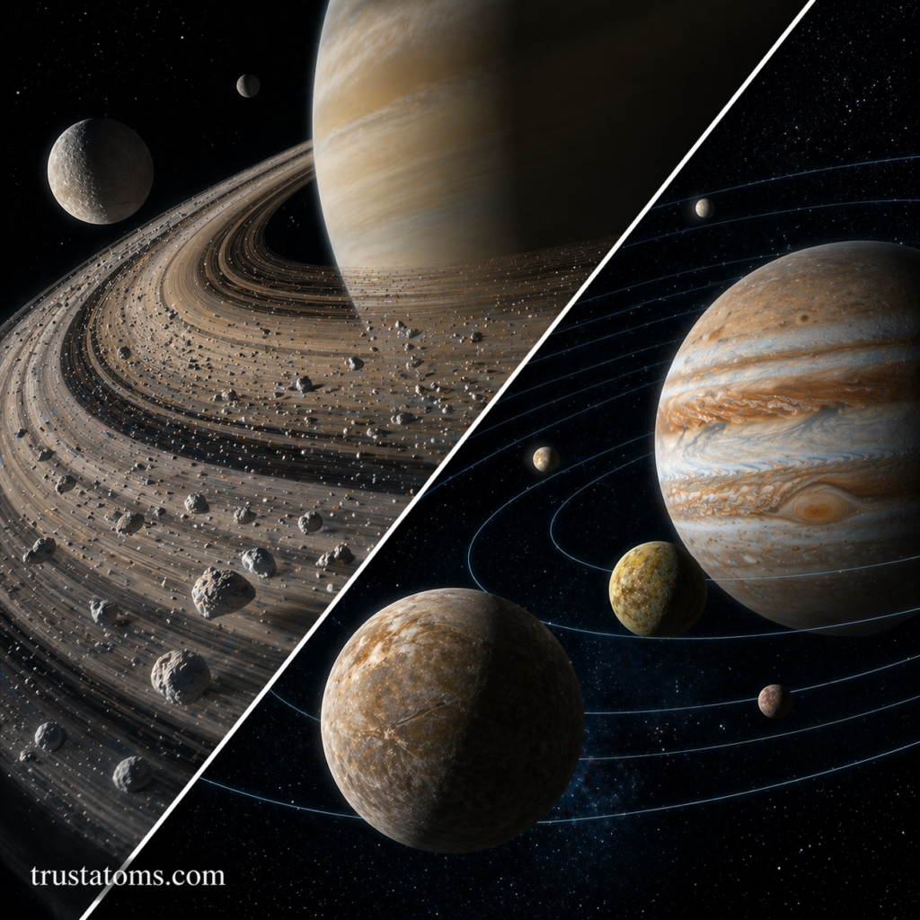 Split illustration comparing planetary ring system and multi-moon orbital paths around a gas giant.