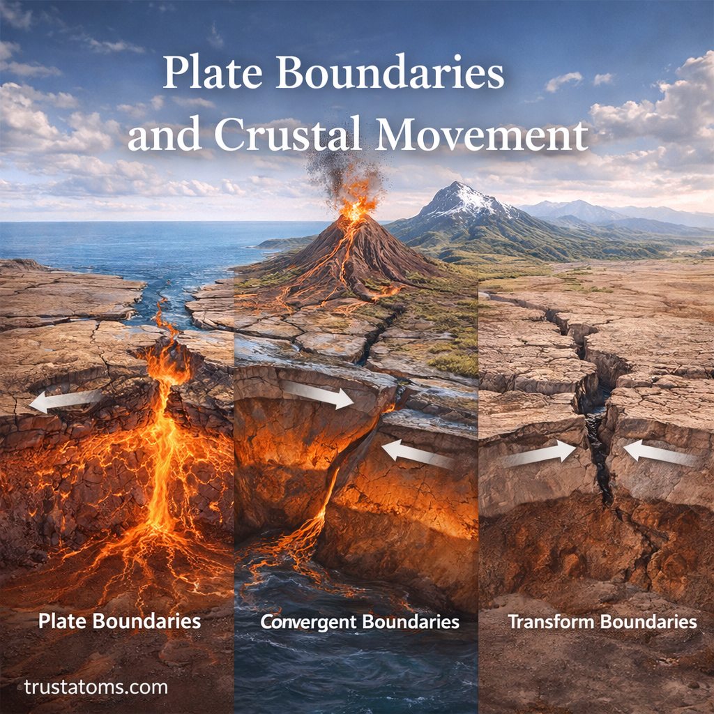 Illustration of plate boundaries and crustal movement showing divergent, convergent, and transform plate interactions.