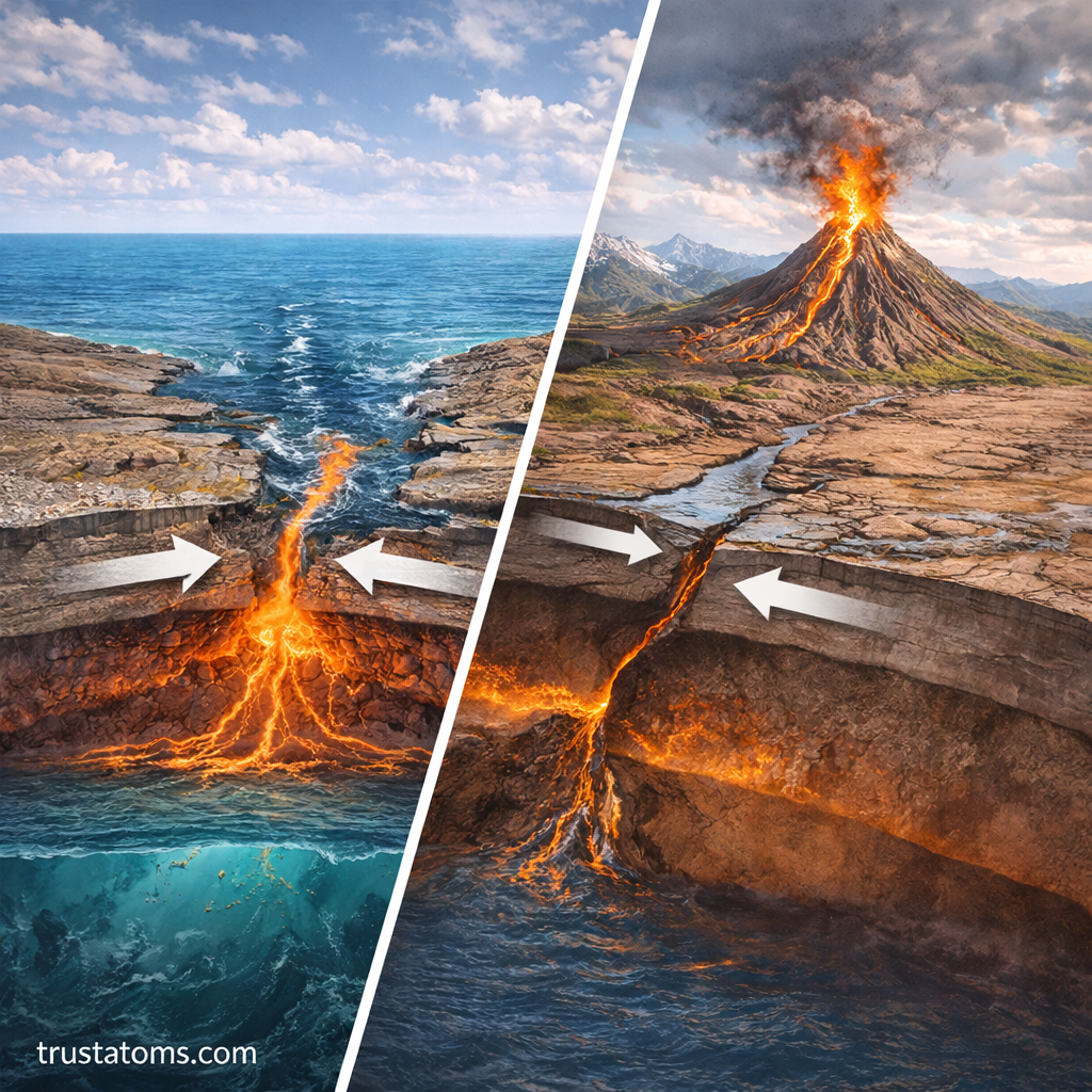 Split illustration showing divergent plate boundary with seafloor spreading and convergent boundary with subduction and volcano formation.