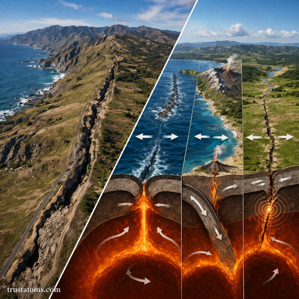 Diagonal split image showing real-world fault landscape and diagram of divergent, convergent, and transform plate boundaries with magma movement.
