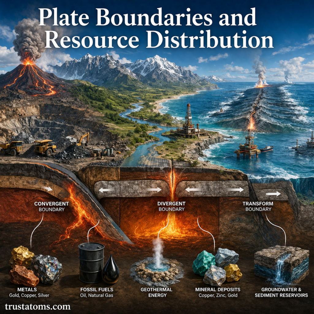 Illustration showing convergent, divergent, and transform plate boundaries with associated natural resource distribution like minerals and fossil fuels.