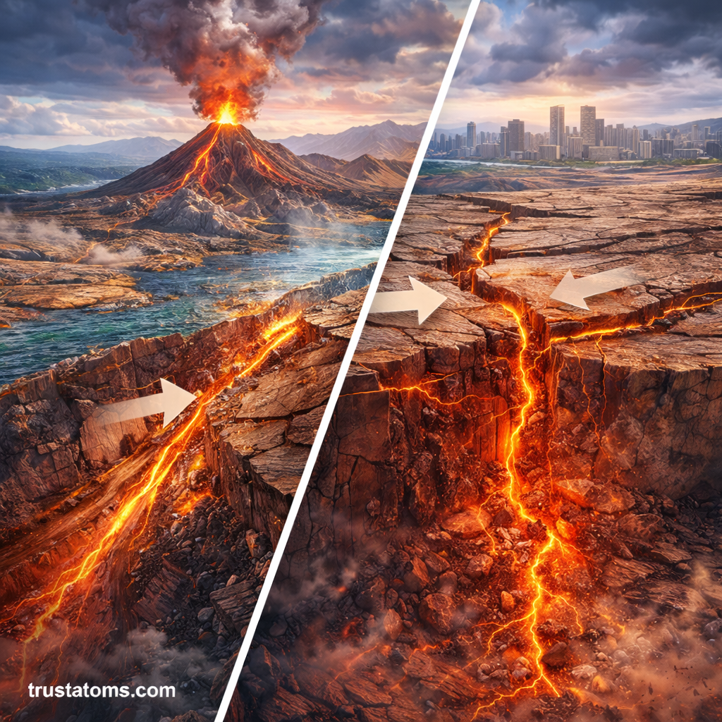 Split illustration showing convergent plate boundary with subduction and transform boundary with sliding tectonic plates.