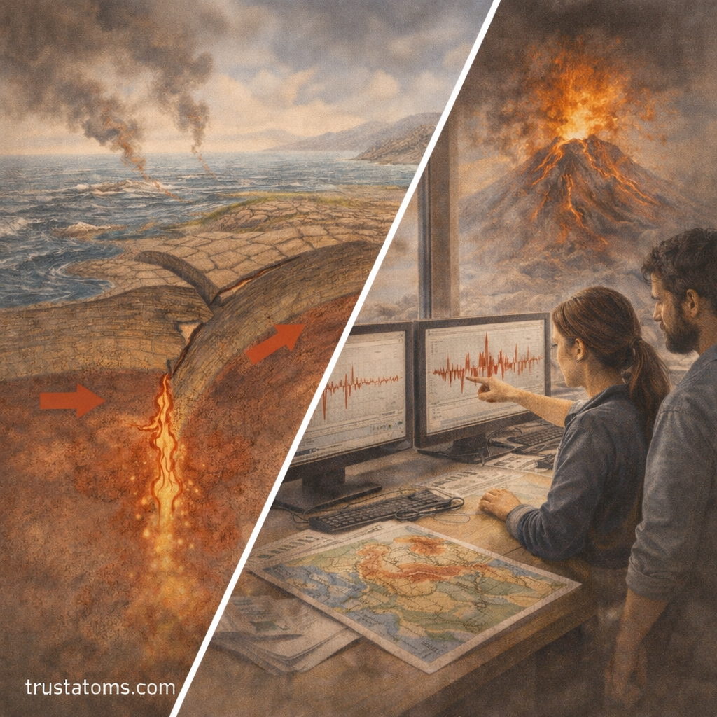 Split illustration showing a convergent plate boundary with magma movement and scientists analyzing seismic and volcanic data.