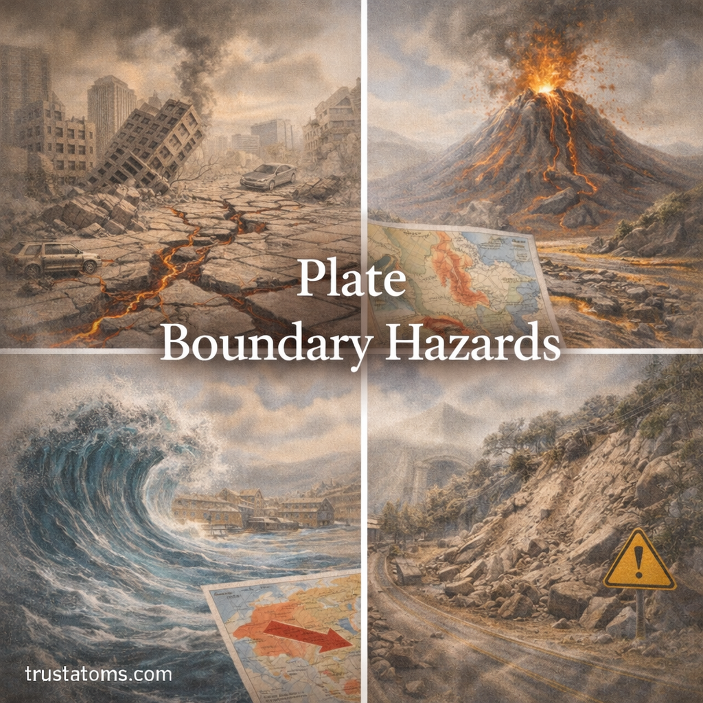 Illustration of plate boundary hazards showing earthquake damage, volcanic eruption, tsunami wave, and landslide.
