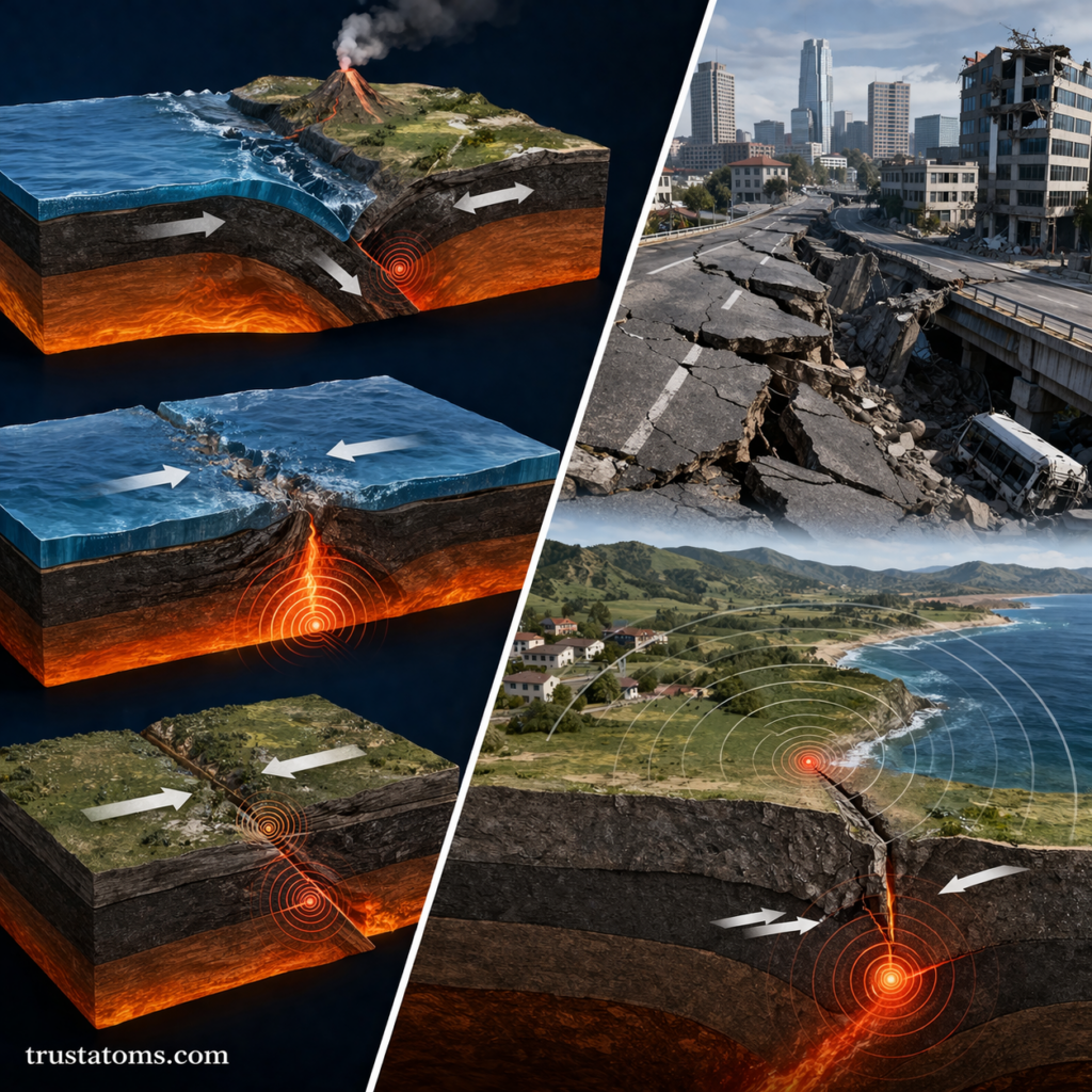Split illustration showing convergent, divergent, and transform plate boundaries alongside earthquake damage and seismic waves.