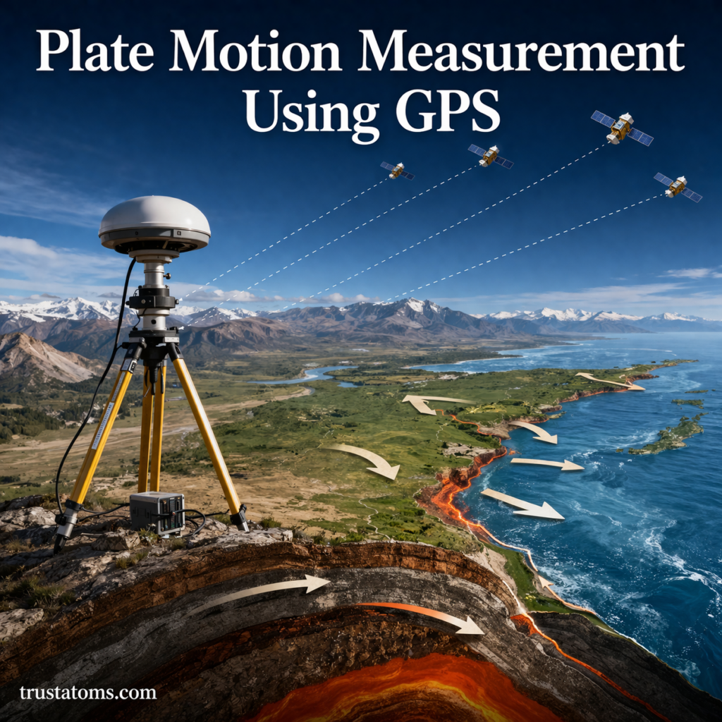 Illustration of GPS station measuring tectonic plate motion with satellite signals and ground movement arrows.