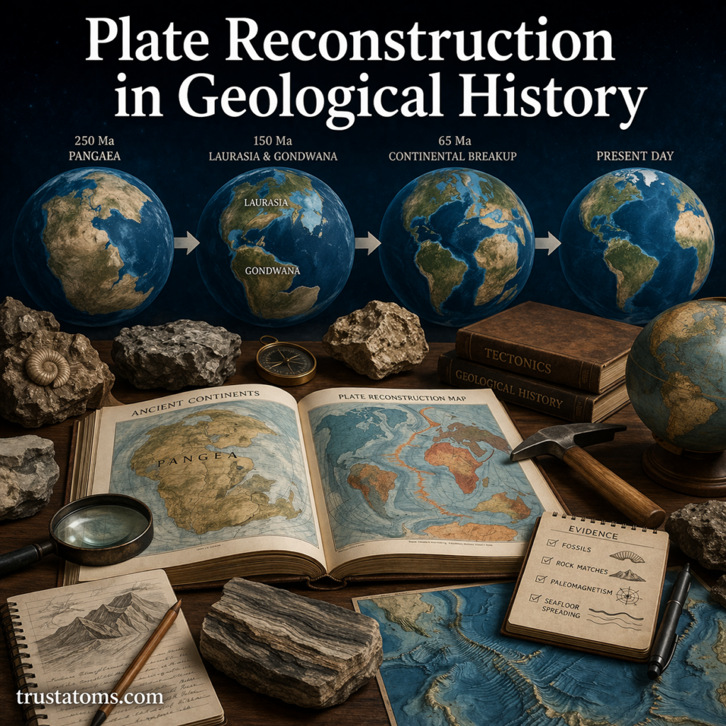 Illustration showing plate reconstruction in geological history with continental drift from Pangaea to present day.