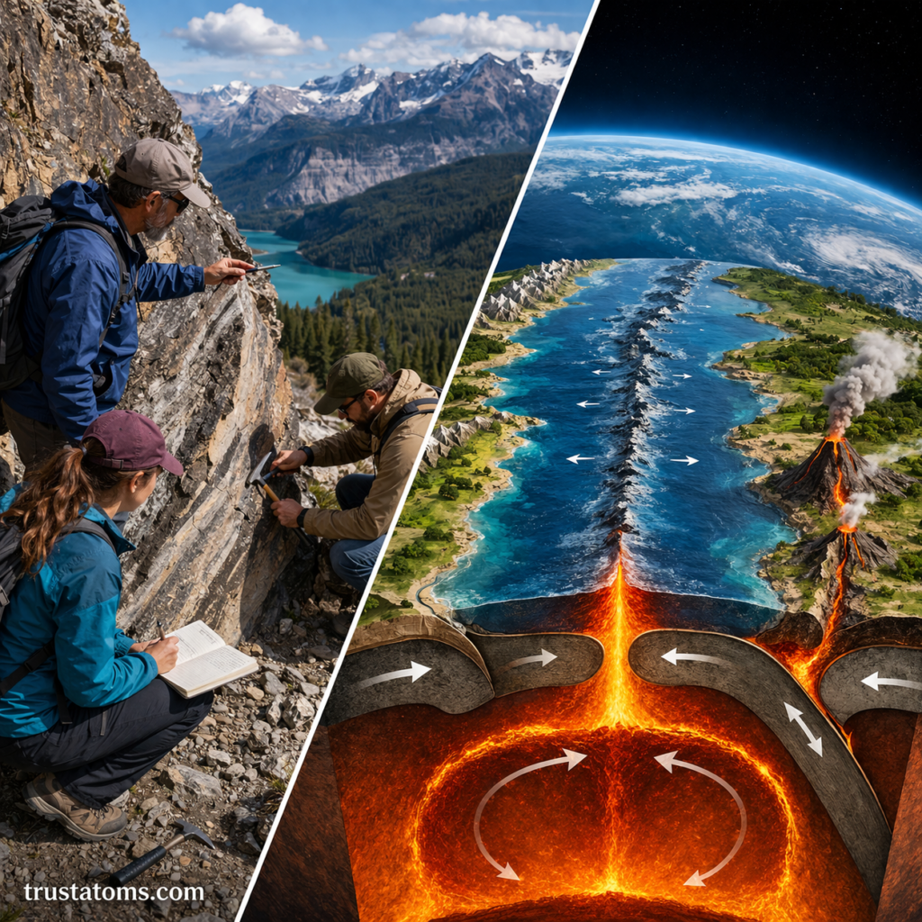 Diagonal split image showing geologists studying rock layers in the field and a diagram of tectonic plate boundaries with magma movement.