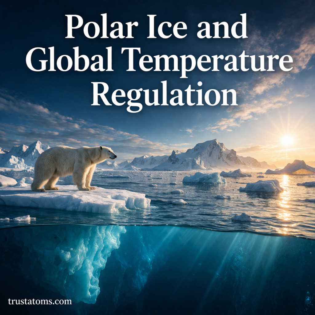 Illustration of polar ice reflecting sunlight with a polar bear on sea ice and visible ice below the ocean surface.