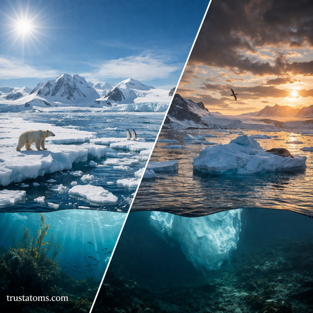 Split illustration showing stable polar ice conditions on one side and melting ice with open water on the other.
