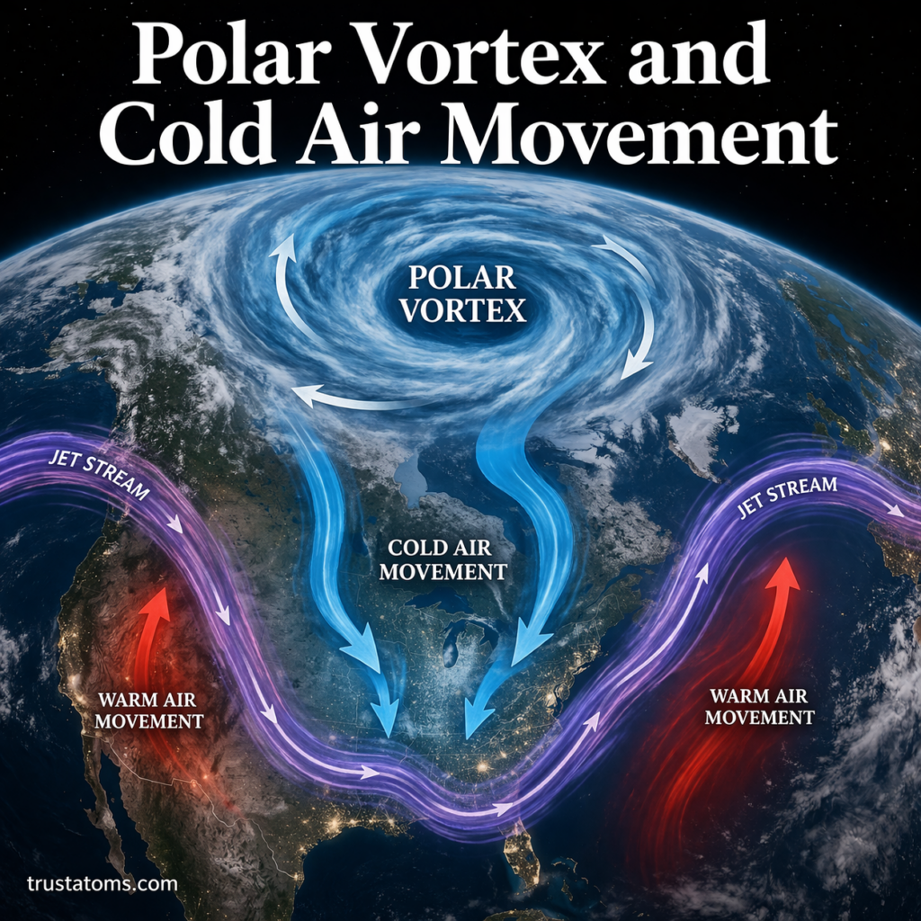 Illustration showing the polar vortex over the Arctic with cold air moving south and the jet stream guiding temperature patterns.
